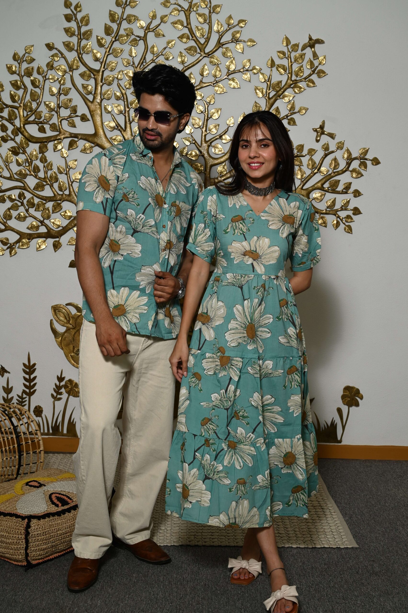 Couple Matching Teal-Blue floral Printed Cotton Anarkali Midi Dress & Shirt Set ? Summer Casual Wear - Image 3