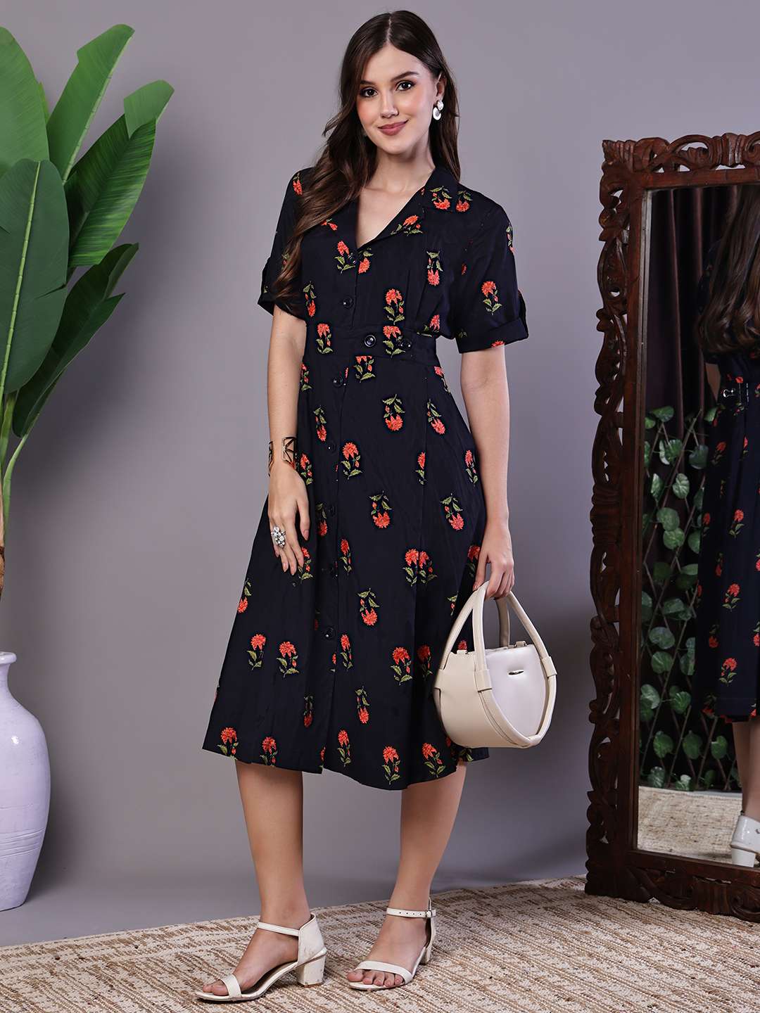 Women's Elegant Indigo & Orange Floral Block Print Cotton Shirt Dress